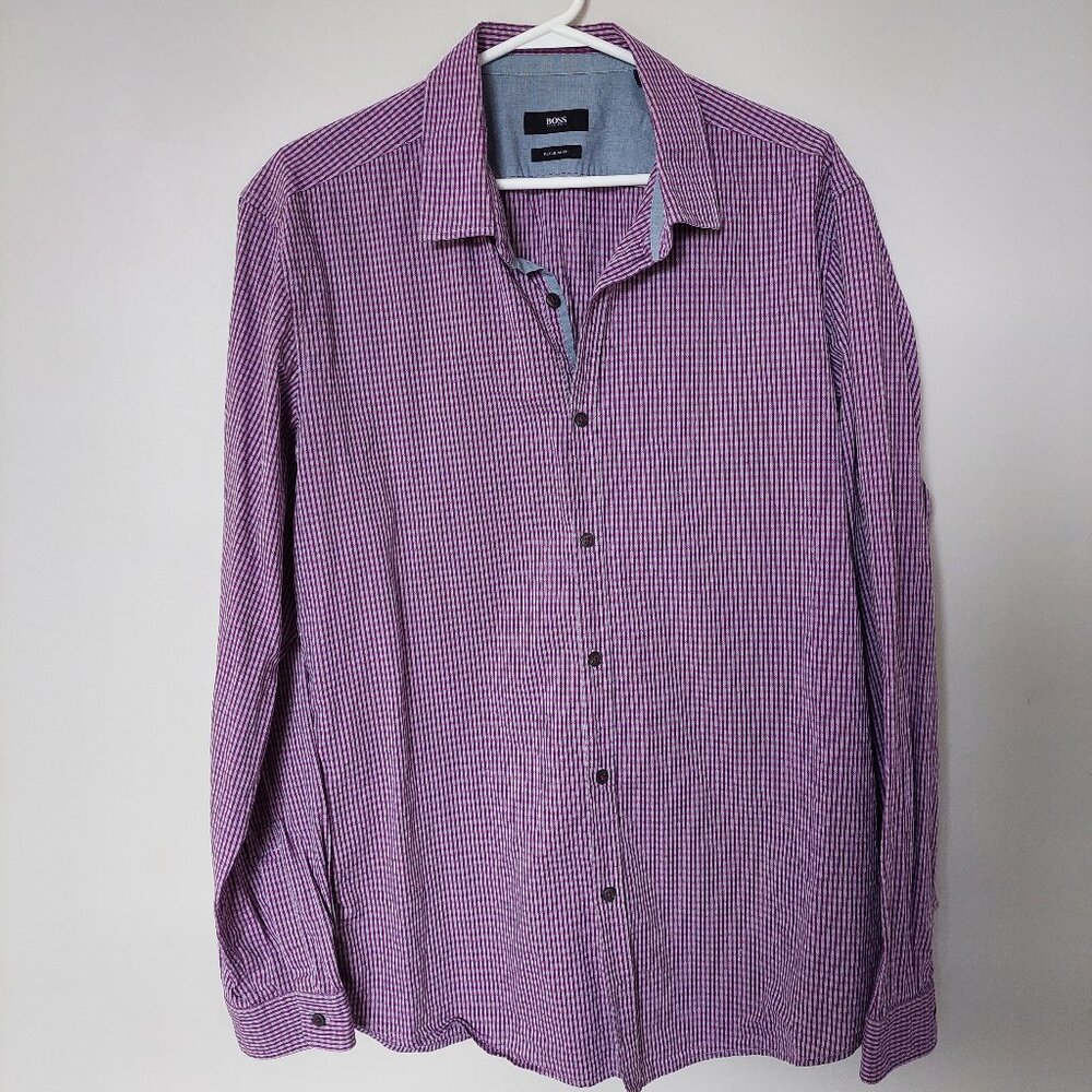 Boss Hugo Boss Men's XL Purple Micro-check Regular Fit Dress Shirt !00% Cotton